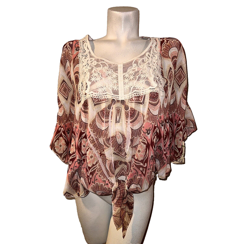 New ONE WORLD Live and Let Live Top Size S Burgundy Pink Tie Front Flowy Shirt